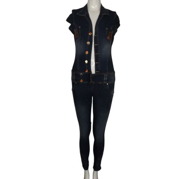 SCORPIO JEANS Jumpsuit, Jr 3, Cap sleeve, Skinny, Button top, Embellished cuffs, - Picture 1 of 9